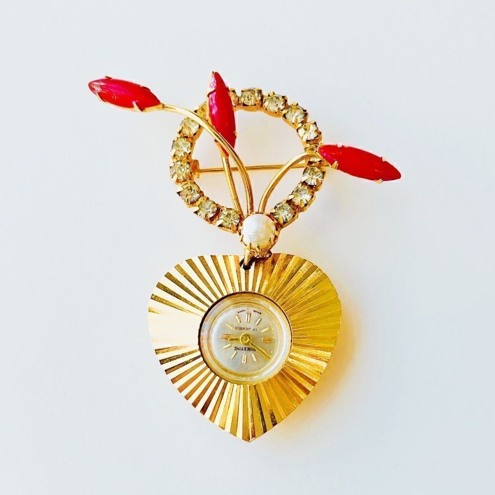 Vintage Rhinestone Brooch Pin With Watch Pendant - Picture 2 of 14